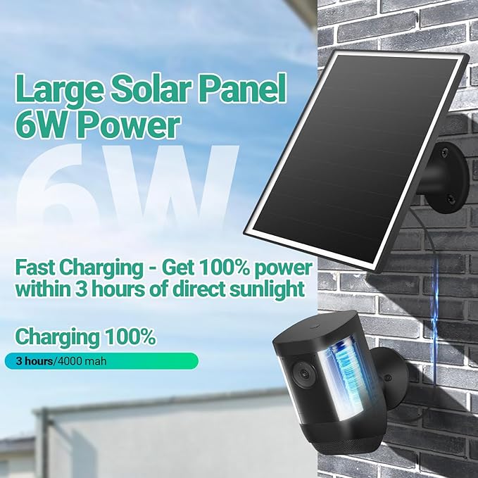 Solar Panel for Ring Camera, 6W Solar Charger with USB-C & Barrel Plug for Ring Stick Up Cam Pro/Plus & Spotlight Cam Battery Series, Waterproof, 16ft Cable (Black)