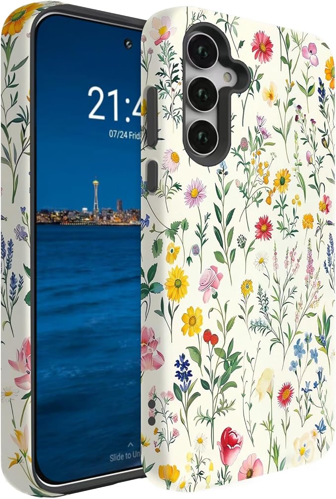 Compatible for Samsung Galaxy A17 5G Case, Dual Layer Heavy Duty 2 in 1 Shockproof Protective Phone Case,Vintage Botanical Wildflower Print