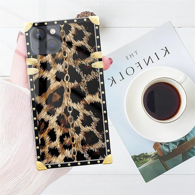 Compatible with iPhone 13 Case, Seamless Gold Chain Leopard Luxury Golden Decoration for Girl Women Soft TPU Shockproof Protective Hard PC Back for iPhone 13