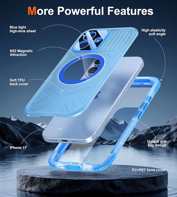 SPIDERCASE Magnetic for iPhone 17 Case Waterproof,[Built-in Screen & Camera Protector] [IP68 Underwater] 12FT Military Shockproof, Dustproof, Anti-Scratched Phone Case,Blue/Clear