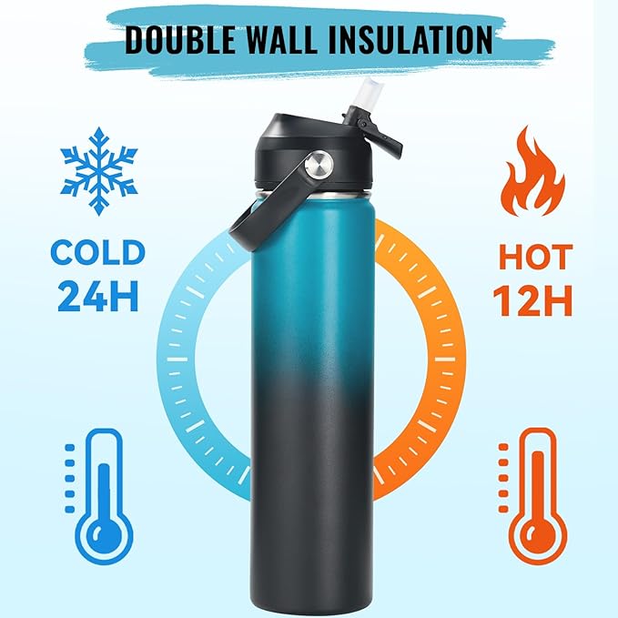 Fijinhom 24oz Insulated Stainless Steel Water Bottle, Wide Mouth Double Wall Vacuum, Silicone Straw, Sweat & Leak Proof, BPA Free Insulated Water Flask for Travel, Keep Cold 24h Hot 12h, Blue