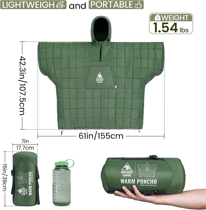 ONETIGRIS Camping Blanket Poncho with with Recycled Synthetic Insulation,Wearable Hoodie Blanket | Ultralight Water-Resistant Warm Camping Blanket for Outdoor, Hiking, Stadium