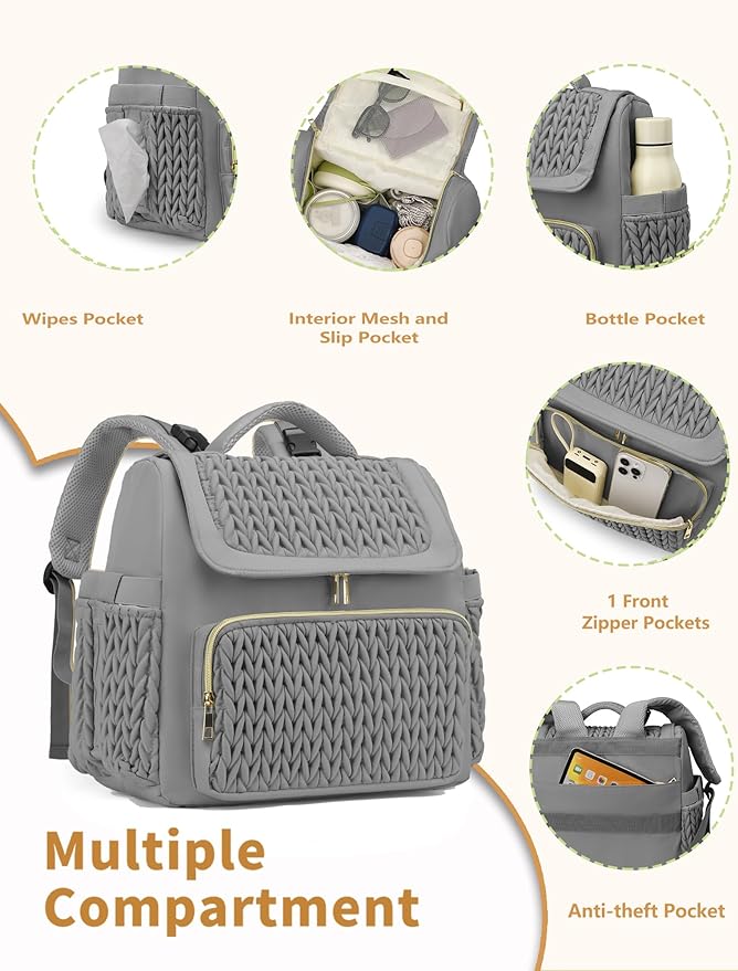 Awanhe Diaper Bag Backpack, Baby Bag with Changing Pad, Travel Waterproof Diaper Bag Tote, Newborn Essentials Must Haves, Luxury baby shower gifts for boys & Girls, Grey