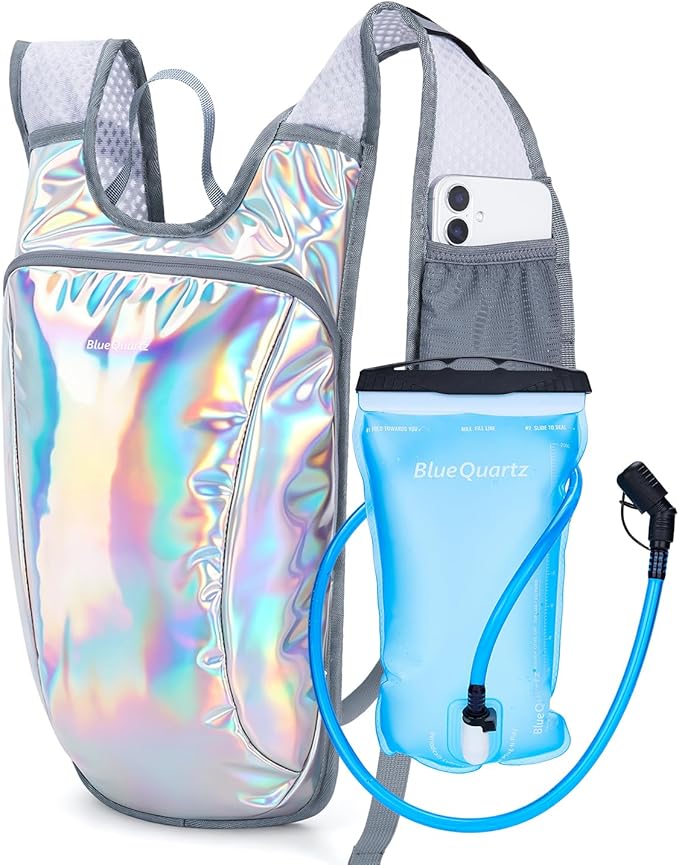 Blue Quartz Rave Hydration Backpack, Reflective Hiking Pack with 2L Water Bladder & Phone Pocket, Hydro Pack with Insulated Compartment for Festival Running Cycling for Men Women