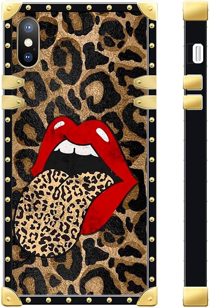 Compatible with iPhone Xs Max Case, Brown Leopard Print Mouth Luxury Golden Decoration for Girl Women Soft TPU Shockproof Protective Hard PC Back for iPhone Xs Max