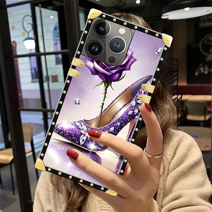 Compatible with iPhone 12 Pro Max Case, High Heeled Purple Diamond Rose Luxury Golden Decoration for Girl Women Soft TPU Shockproof Protective Hard PC Back for iPhone 12 Pro Max