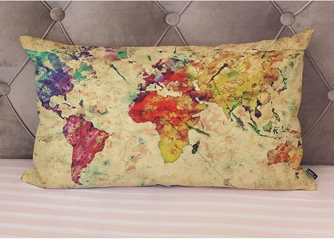EKOBLA Watercolor World Map Lumbar Pillow Cases Vintage Global Stain Graphic Decorative Throw Pillow Cover Rectangle Cushion Covers Cotton Linen 12x20 Inch for Men Women