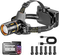 LED Headlamp Rechargeable 3500 Lumens, Dual Beads Headlights Super Bright with 12 Modes & IPX6 Long Runtime Warning Light, Motion Sensor Head Lamp 120° Adjustable for Adult Camping Running