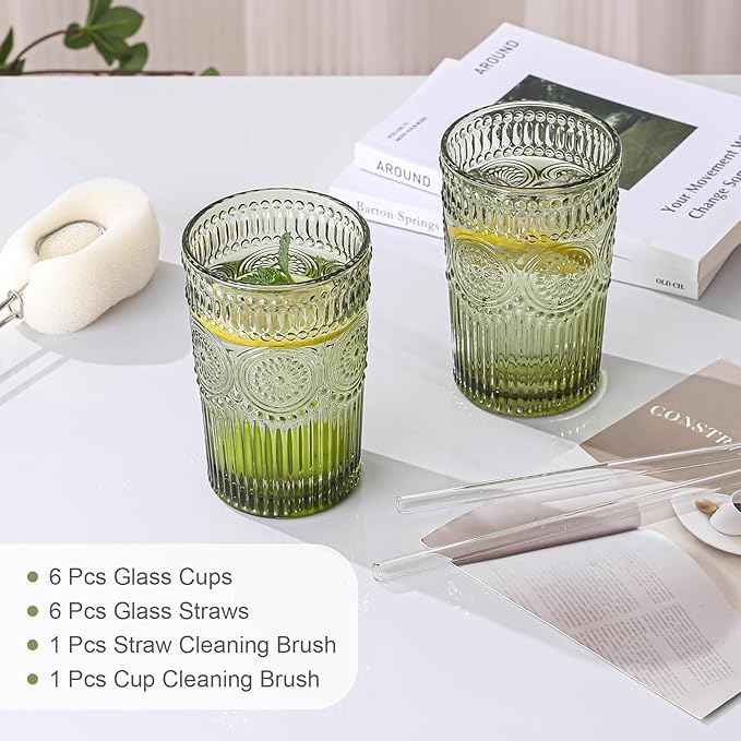 ZMOWIPDL Vintage Glassware Drinking Glasses Set of 6,13 oz Green Textured Flower Design Glass Water Tumblers，Embossed Striped Drinkware for Water,Cocktails,Juice,Iced Coffee