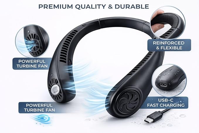 Portable Neck Fan, Bladeless Neck Fan with 5 Speeds, Hands-Free Wearable Fan, USB Rechargeable Personal Cooling Fan, Quiet Lightweight for Travel, Outdoor Use