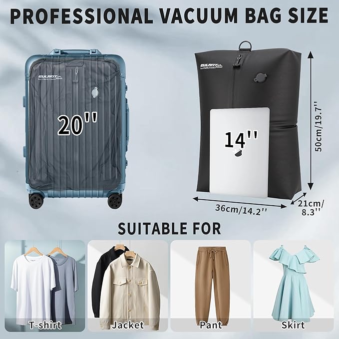 Reusable Vacuum Bags for Travel With Pump,Professional Waterproof IPX8 Vacuum Compression Bag for Suitcases Backpack,Space Saver Bags Packing Organizers for Clothing Packing(2 Pack,Black)