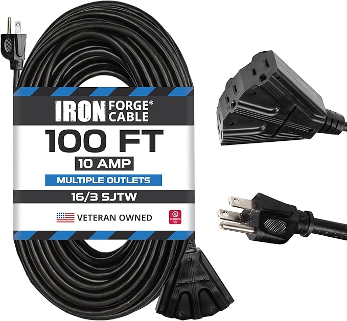 Iron Forge Cable 100 Ft Black Extension Cord with 3 Outlets - 16/3 SJTW 100 Foot Extension Cord 3 Prong, Weatherproof Exterior Power Cable for Outdoor