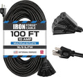 Iron Forge Cable 100 Ft Black Extension Cord with 3 Outlets - 16/3 SJTW 100 Foot Extension Cord 3 Prong, Weatherproof Exterior Power Cable for Outdoor