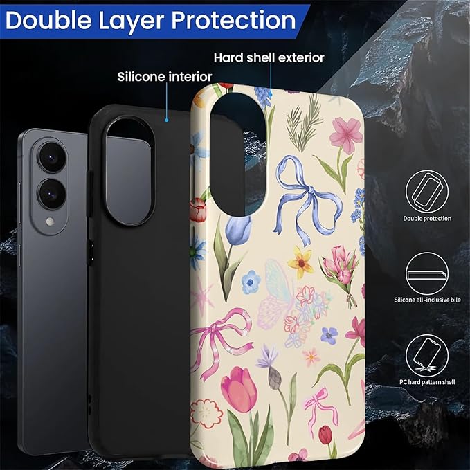 for Samsung Galaxy S25 Edge Case,HL2 Aesthetic Flower Preppy Collage Hybrid 2 Layer Hard Shell Silicone Protective Pattern Design Case