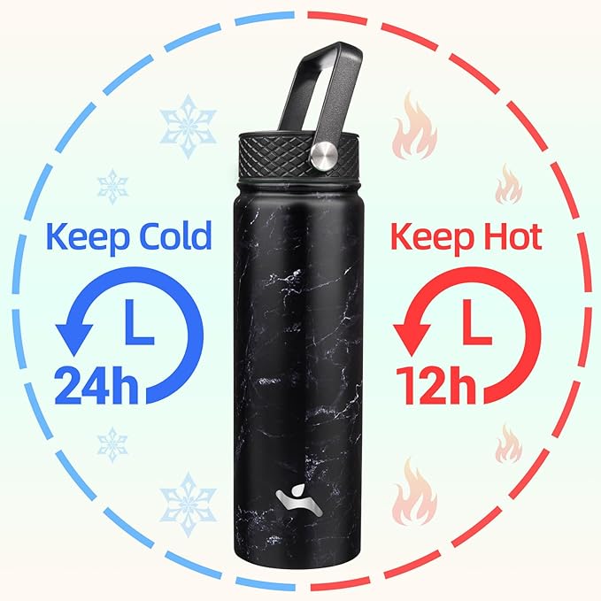 Konokyo 22oz Stainless Steel Bottles with 3 Lids Sport Insulated Water Bottle,Marble Midnight