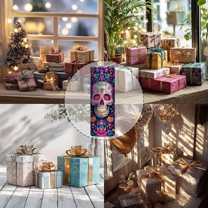 Firmiso 20 oz Tumbler | Skinny Insulated Travel Mug with Leak-proof Lid and Straw | Sugar Skull Floral Stainless Steel Coffee Cup for Hot & Cold Drinks | Day of the Dead Gifts for Women & Men