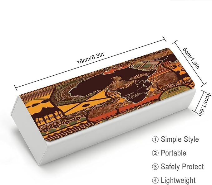 African Map Ethnic Pattern Eyeglass Case Spectacle Case Slim PU Leather Eyeglass Case for Men Women Lightweight Protective Eyewear Storage with Cleaning Cloth