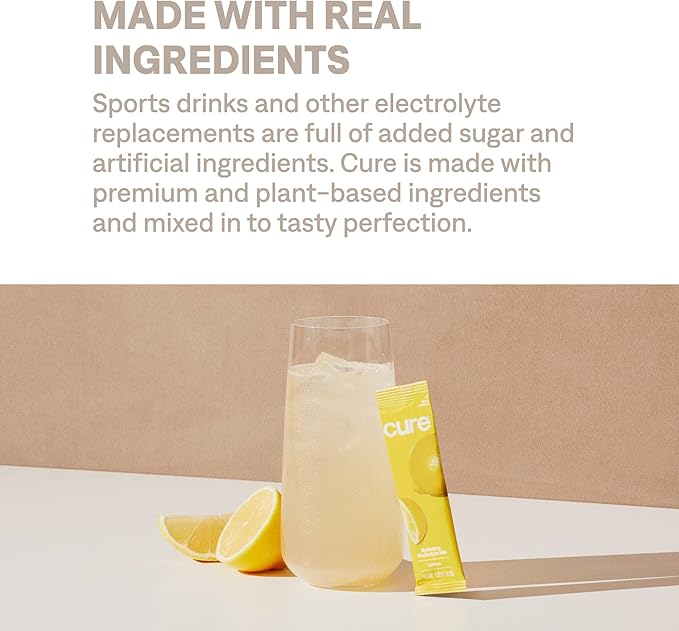 Cure Hydration | Plant-Based Electrolyte Drink Mix | No Added Sugar | FSA-HSA | Dehydration Relief Powder Made with Coconut Water | Non-GMO | Vegan | Pouch of 14 Packets - Lemonade