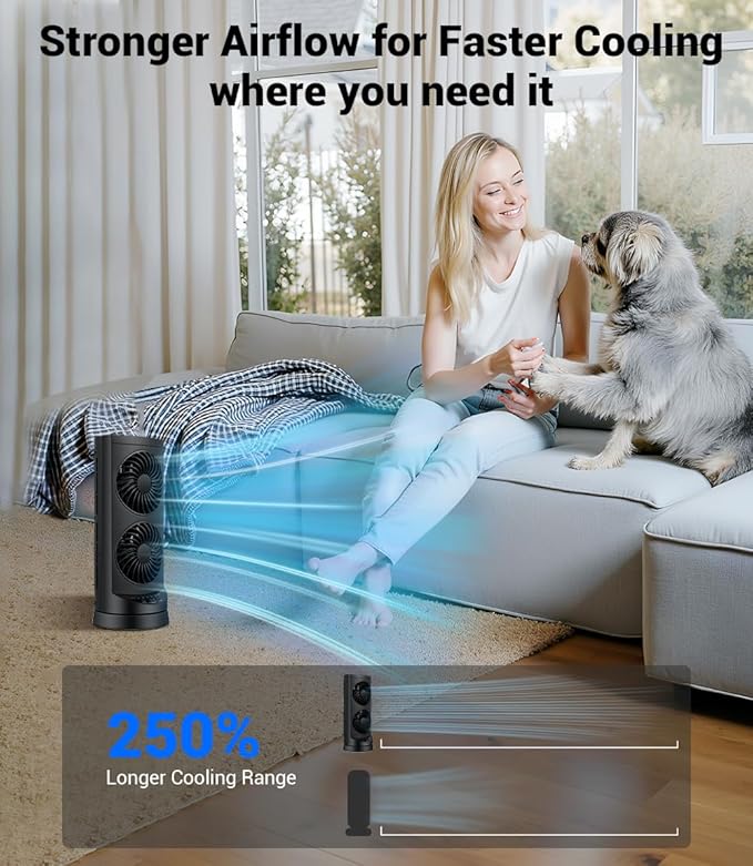 Personal Tower Fan for Bedroom, Portable Desk Table Fan，3 Speeds Cooling Standing Fan with 12H Timer, 60° & 110° Oscillating Floor Tower Fans That Blows Cold Air for Bedroom Office,Dark Grey