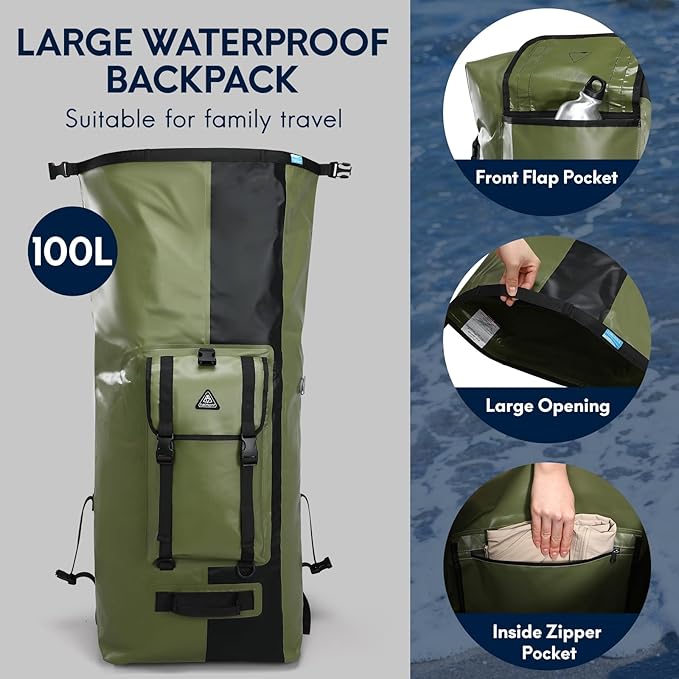Haimont Waterproof Dry Backpack IPX7 Roll-top Dry Large Marine Dry Bag for Men Kayaking Rafting, 100L, Army Green/Black