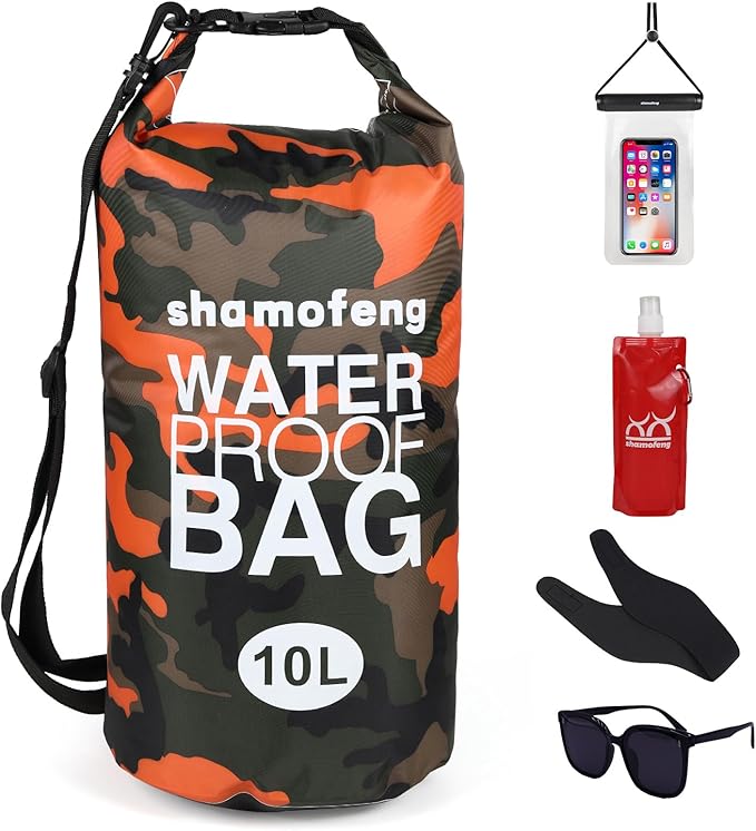 Waterproof Dry Bag 5L/10L/15L/20L/30L Roll Top Dry Storage Backpack with Phone Case, Collapsible Water Bottle, Sunglasses, Ear Band for Kayaking Boating Swimming Fishing Camping, Orange 30L