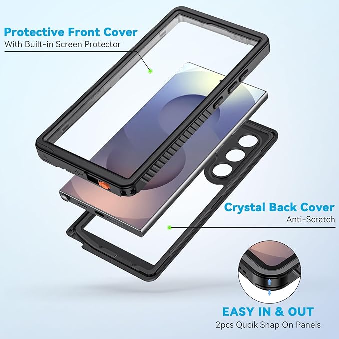 Lanhiem Magnetic for Samsung Galaxy S25 Ultra Case, IP68 Waterproof Dustproof, Built-in Screen Protector, Rugged Full Body Shockproof Cover for Galaxy S25 Ultra 5G 6.9 Inch, Black/Clear