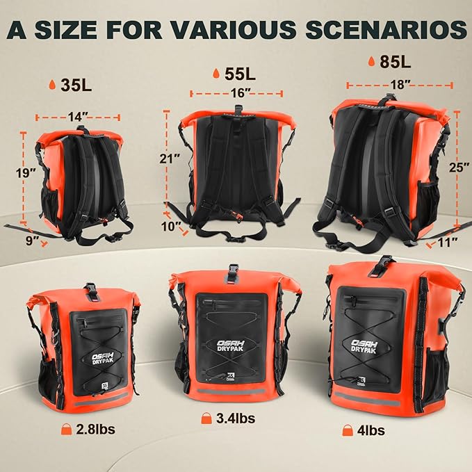 OSAH DRYPAK Waterproof Backpack Dry Bag 35L/55L/85L – Heavy Duty Roll-Top Hiking Backpack Sack Keeps Gear Dry for Travel, Kayaking, Boating, Camping, Rafting and Fishing