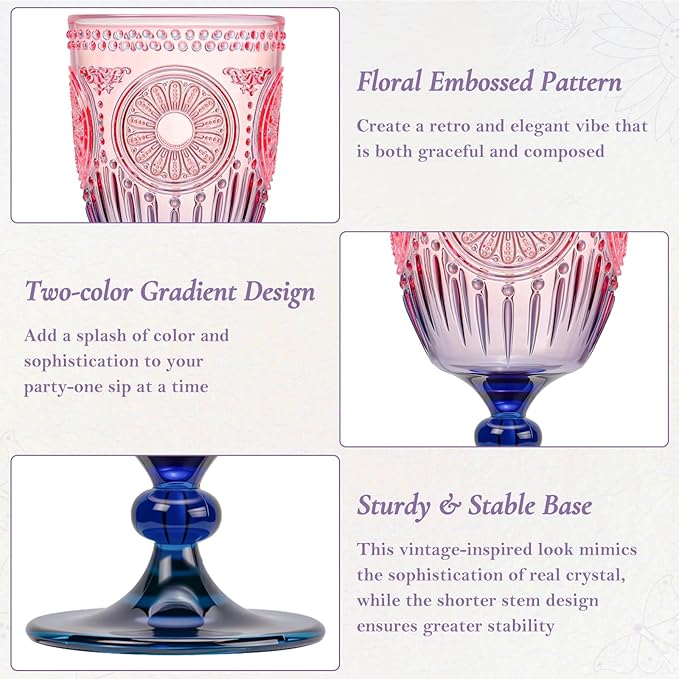 XUWAIDSGN 24Pcs Plastic Vintage Wine Glasses 13.5oz Reusable Embossed Goblet Glasses Pink Blue Gradient Retro Wine Glassware Unbreakable Stemmed Champagne Water Cups for Wine Cocktail Juice Wedding