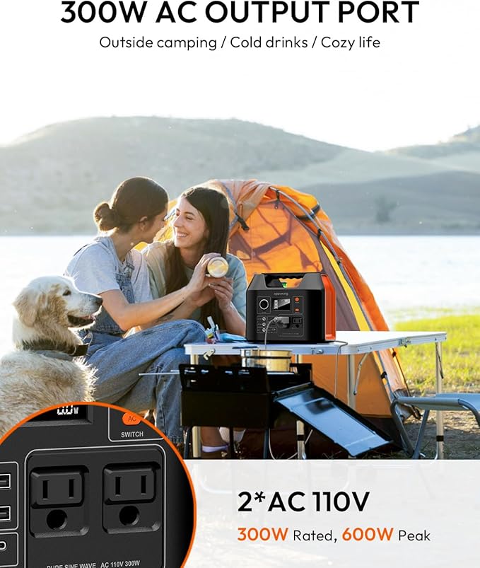 Solar Powered Generator, 300W Portable Power Station with Solar Panel 40W Included, 110V Pure Sine Wave 256Wh LiFePO4 Battery Pack with AC Outlet for Camping, Home Emergency, Traveling, RV Trip