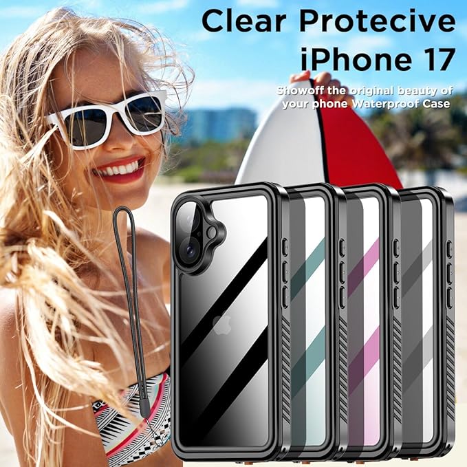 AICase Compatible with iPhone 17 Case Waterproof, Clear Water Proof Built-in Screen Protector Shockproof Dustproof Snowproof Full Body Rugged Underwater Phone Case with Lanyard