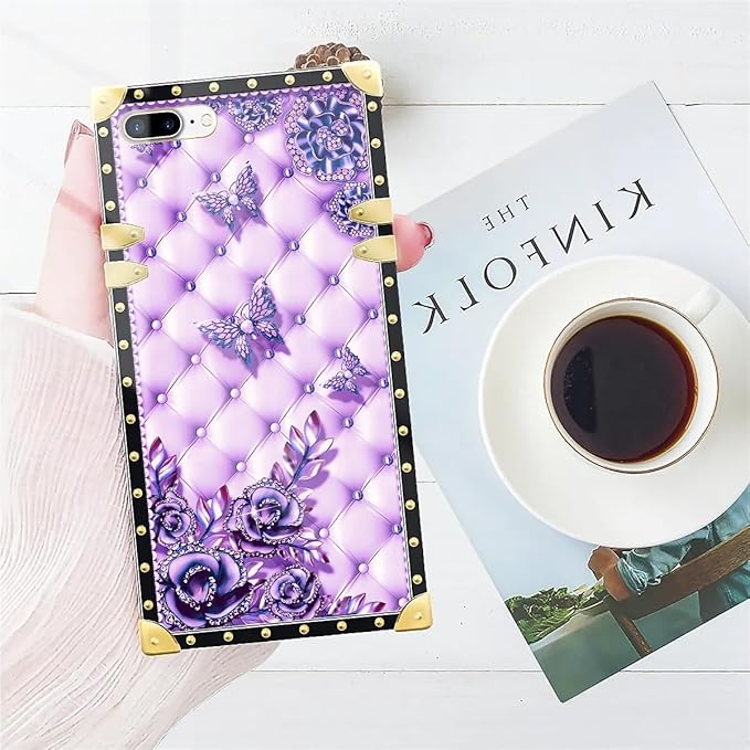 Compatible with iPhone 8 Plus 7 Plus Case, Purple Butterfly Flowers Leaf Luxury Golden Decoration for Girl Women Soft TPU Shockproof Protective Hard PC Back for iPhone 8 Plus 7 Plus