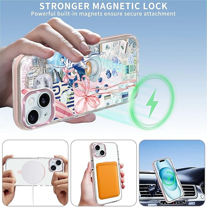 Case for iPhone 15,[Compatible with MagSafe],Pink Bow Girly Coquette Collage Phone Case Design，for Women Girls Magnetic Clear Cover - Slim, Sleek, & Shockproof Protection