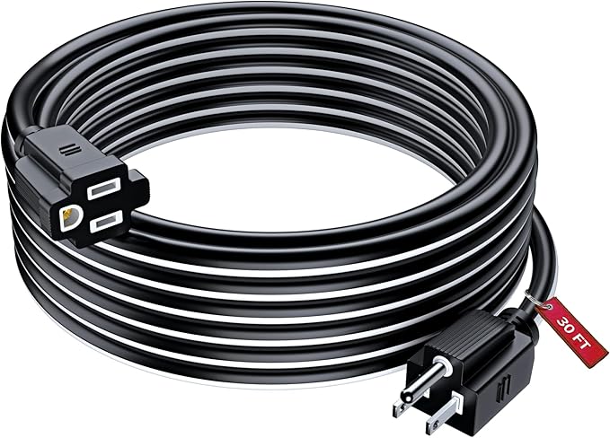 Maximm 30 Ft Black and White Extension Cord, Heavy Duty 3-Prong Outdoor Power Cable, ETL Listed for Contractors
