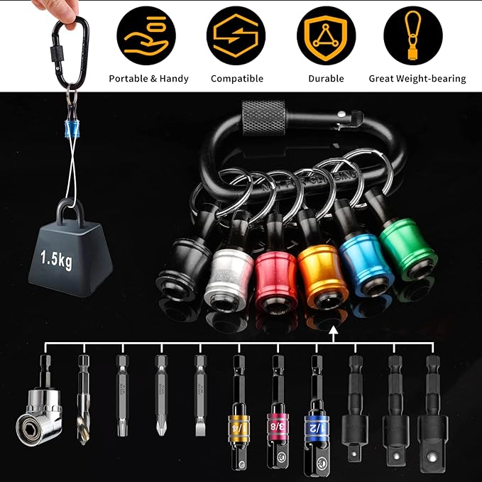 Katerk Bit Holder Key Chain Cool Gadgets, Gifts Drill Bit Holder, 1/4 Hex Bit Holder for Impact Driver, w/Cool Stuff Right Angle Drill Attachment for Household Workplace Industry