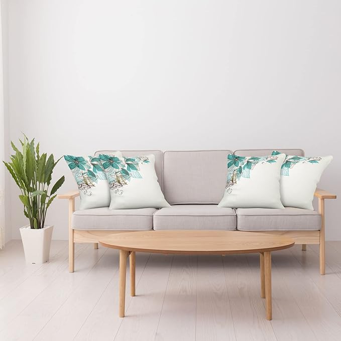 Ambesonne Turquoise Throw Pillow Cushion Case Pack of 4, Flowers Buds Leaf at The top Left Corner Season Celebrating Theme, Modern Accent Double-Sided Digital Printing, 18", Teal Brown