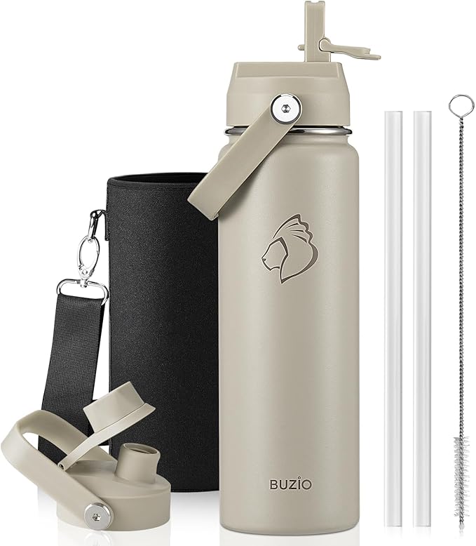 BUZIO 24 oz Water Bottle Insulated, Leakproof Stainless Steel Flask (Cold for 48 Hrs), Wide Mouth BPA-Free Metal Thermo Hydro Canteen with 2 Lids, Greige