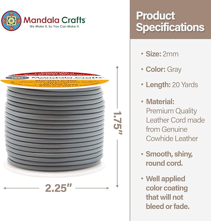 Mandala Crafts Round Genuine Gray Leather Cord for Jewelry Making – 2mm Cowhide Leather Rope String Lace for Kumihimo – 20 Yards Cowhide Craft Cording Spool
