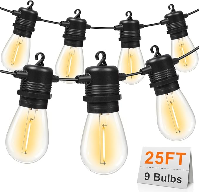 GvvooHome LED Outdoor String Lights 25FT with 9 Shatterproof S14 Bulbs, Waterproof for Porch, Deck, Garden, Balcony, Dimmable 2700K