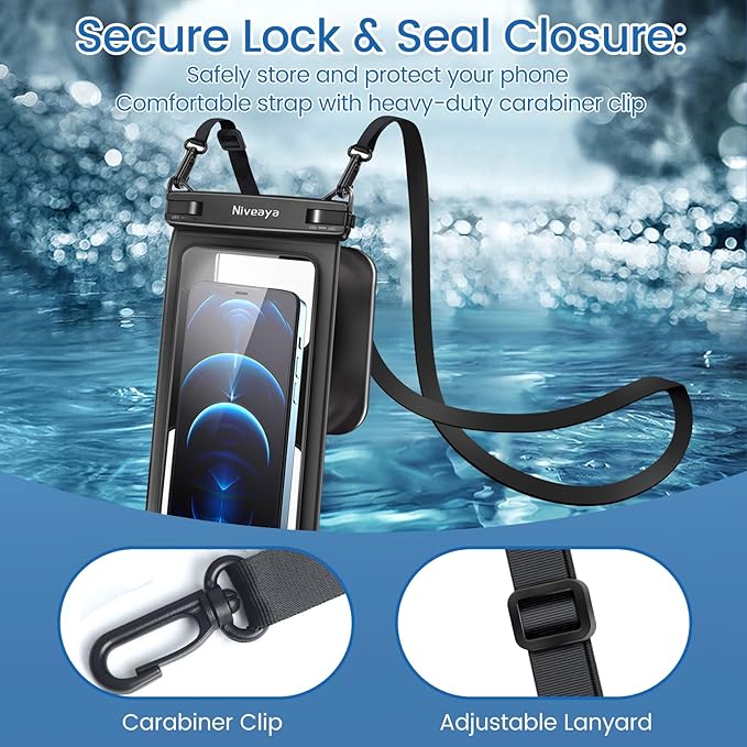 Niveaya [Floatable Floating Waterproof Phone Pouch 2 Pack-Up to 8.5", Large Space Adjustable Neck Lanyard Waterproof Phone Case, Phone Dry Bags for Vacation Beach Pool Kayak Cruise Travel Essentials