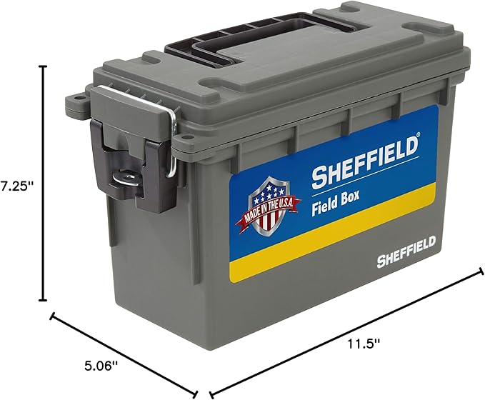 Sheffield 12626 Ammo Storage Box, Stackable .30 Cal Field Boxes, Water and Dust Resistant, Lockable Storage Box with Handle, Secures Hunting Gear, Supplies, and Bullets, Made in USA, Green(Pack of 6)