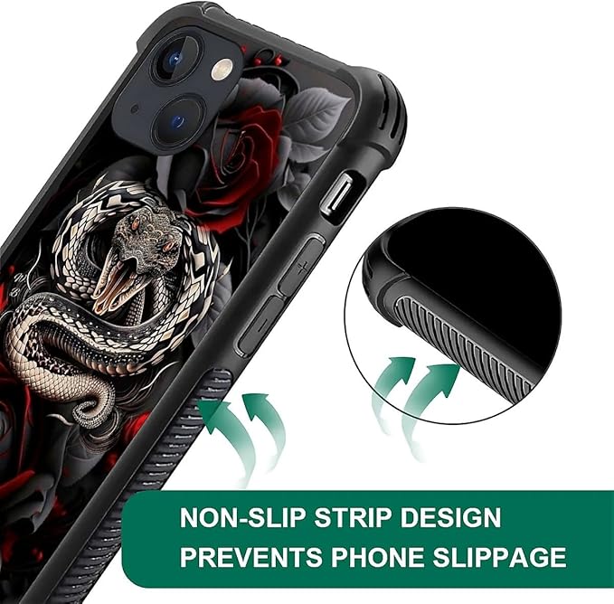 for iPhone 14 Case, Entwined Rose Snake Pattern Graphic Design Girl Boy Soft Silicone Hard Acrylic Shock Protection for iPhone 14