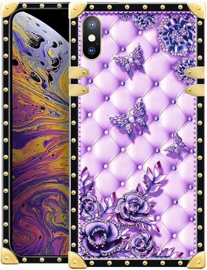 Compatible with iPhone XR Case, Purple Butterfly Flowers Leaf Luxury Golden Decoration for Girl Women Soft TPU Shockproof Protective Hard PC Back for iPhone XR
