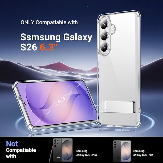 Temdan Designed for Samsung Galaxy S26 Case Clear, Built-in Invisible Kickstand [Military Grade Drop Protection] Anti-Yellowing Slim Fit Shockproof Cover for Galaxy S26 5G 6.3 Inch - Crystal Clear