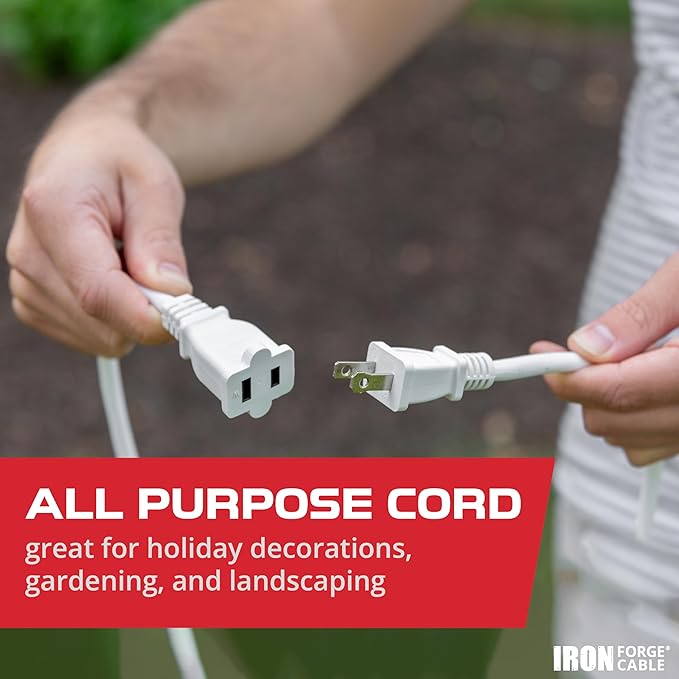 Iron Forge Cable 2 Prong Outdoor Extension Cord 10 ft, 16/2 SJTW 10 Foot White Extension Cord, Weatherproof - Great for Outdoor Lights, Deck, Patio