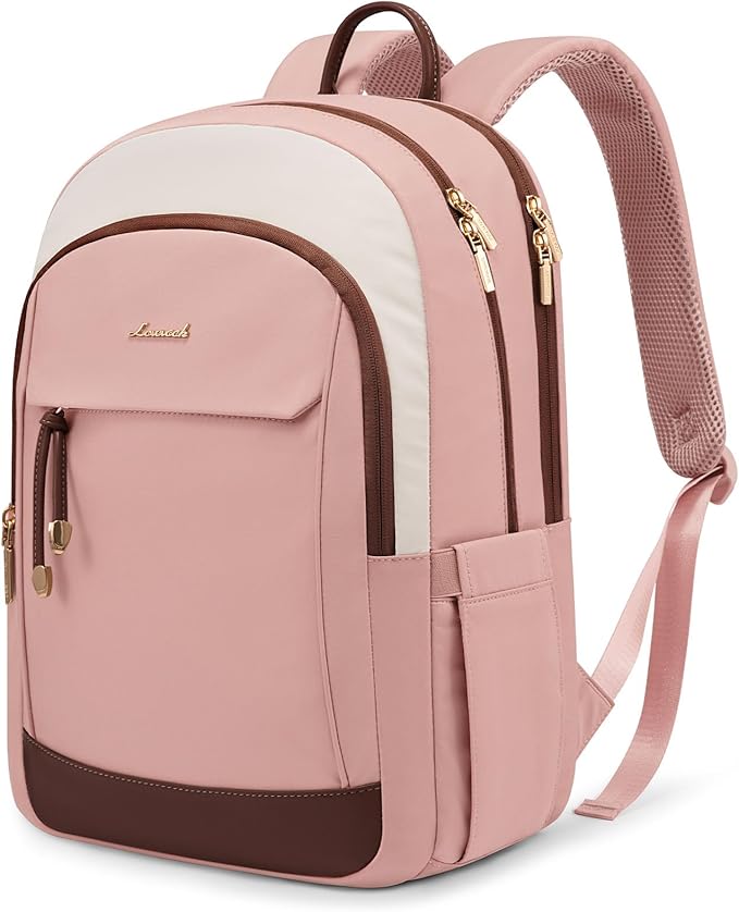 LOVEVOOK Travel Laptop Backpack Women, 15.6 Inch Anti Theft College Backpack Woman with Laptop Compartment, Large Water Resistant Black Computer Daypack for Work Casual Travel Essentials, Beige pink