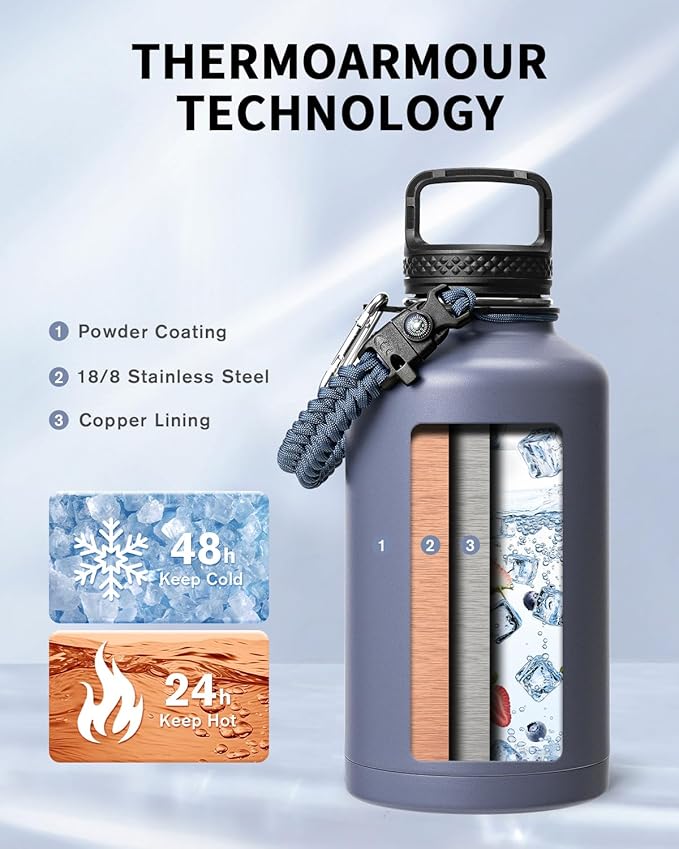 Trebo Water Bottle 64oz with Paracord Handle, Half Gallon Large Vacuum Triple Wall Stainless Steel Insulated Water Jug with Holder Strap Straw Spout Lids, Leakproof Keep Cold & Hot, Grayish purple