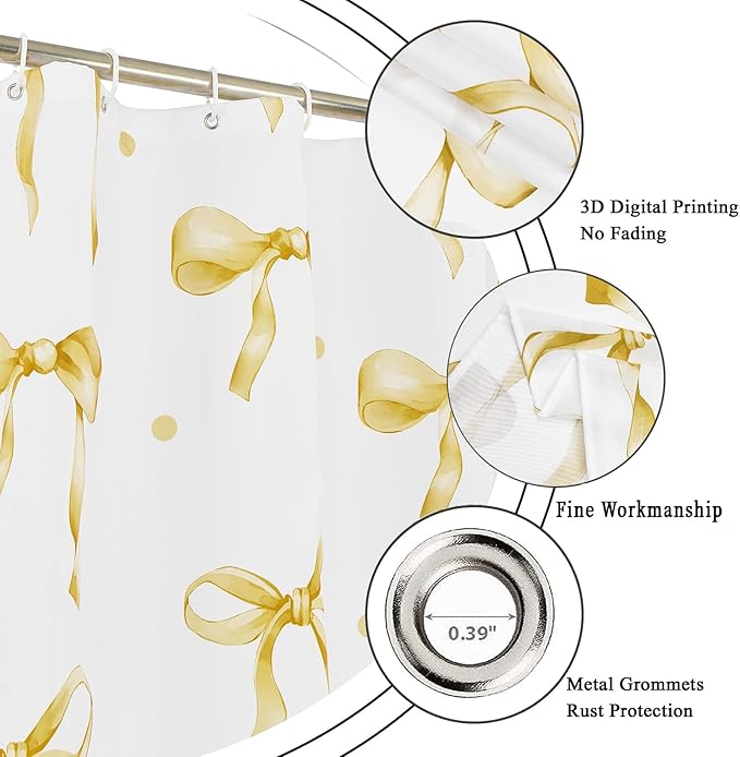 Yellow Bow Shower Curtain, Yellow and White Modern Aesthetic Bowknot with Polka Dot Cute Girly Bathroom Curtain Waterproof Fabric Machine Washable with Hooks, 60" Wx72 L