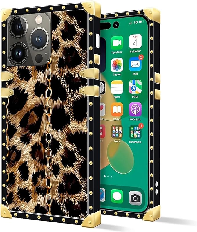 Compatible with iPhone 14 Pro Max Case, Seamless Gold Chain Leopard Luxury Golden Decoration for Girl Women Soft TPU Shockproof Protective Hard PC Back for iPhone 14 Pro Max
