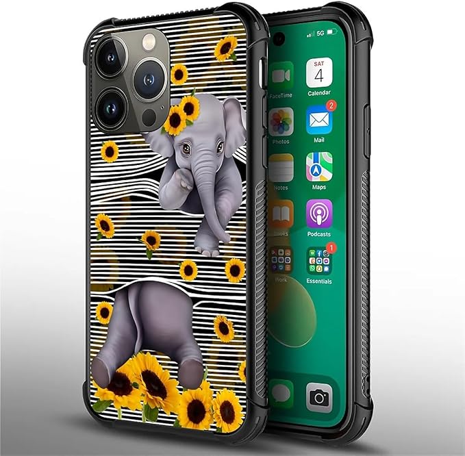 for iPhone 13 Pro Case, Cute Little Elephant Sunflower White Line Art Pattern Graphic Design Girl Boy Soft Silicone Hard Acrylic Shock Protection for iPhone 13 Pro