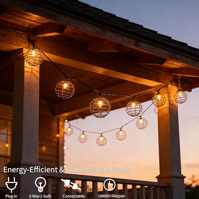 Decorative String Lights Indoor Outdoor, Patio Lantern Style String Lights with 10 Warm White Mini Bulbs, UL Listed Connectable Weatherproof Plug In Lights for Home Decoration(Iron Wire Twist Ball)